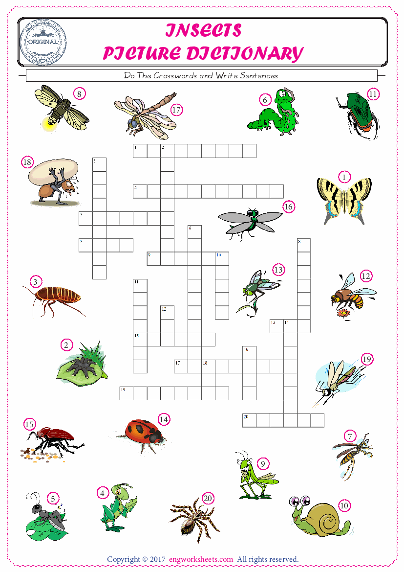  ESL printable worksheet for kids, supply the missing words of the crossword by using the Insects picture. 